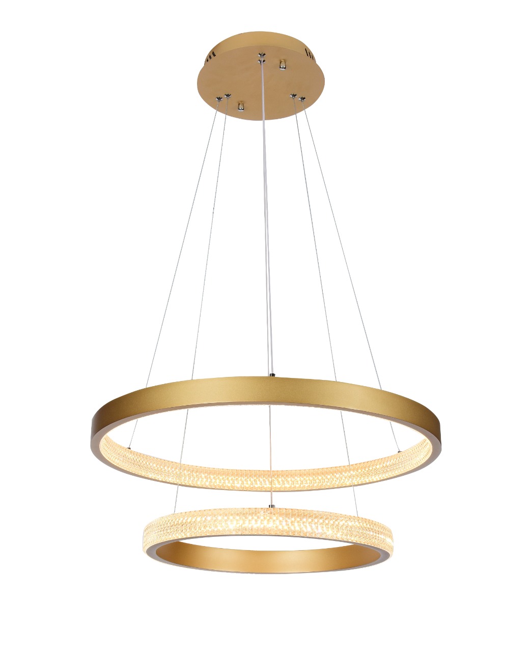 Lustre pendente moderno de cristal com três anéis dourados, ideal para quartos, sala de jantar e sala de estar. Lustres Gênesis loja online de Lustres e Iluminação Decorativa